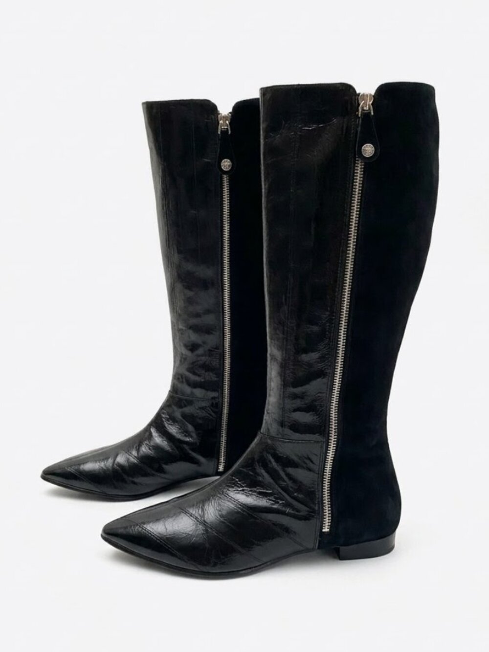 J. Renne Vegan Patent Leather & Faux Suede Knee High Boots Black Fits sz 8.5